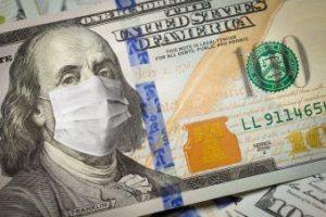 One-hundred-dollar bill with Ben Franklin wearing a mask.