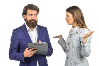 Man and woman at a performance review.