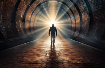 Man walking through tunnel toward a light