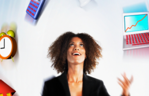 Woman juggling scheduling technology items