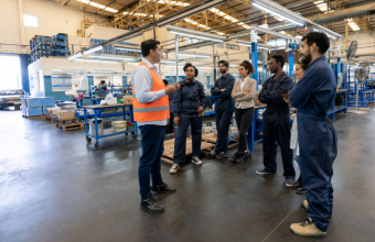 Supervisor speaking to manufacturing employees