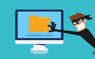 Comic image of cyber data thief trying to grab confidential data