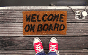 Welcome on board mat with red sneakers (new hire)