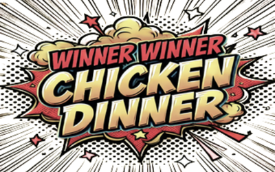 "Winner winner chicken dinner" in comic drawing for gamified employee training.
