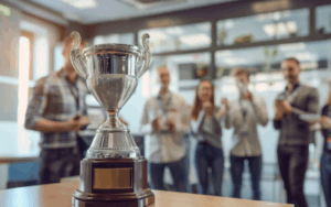 Trophy on a table surrounded by a business team