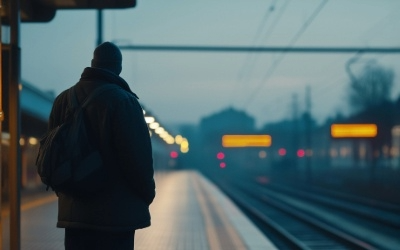 Man looking at a train rail