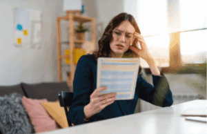 Woman reading paperwork perplexed
