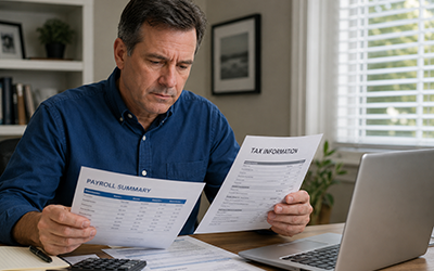 Man sitting down, looking concerned at two files, a payroll and a tax document, one in each hand.