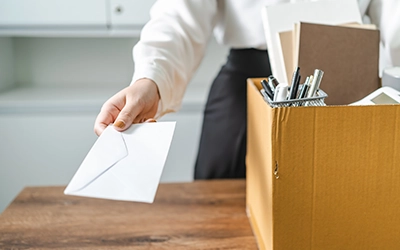 Woman handing envelope across desk with box of office supplies